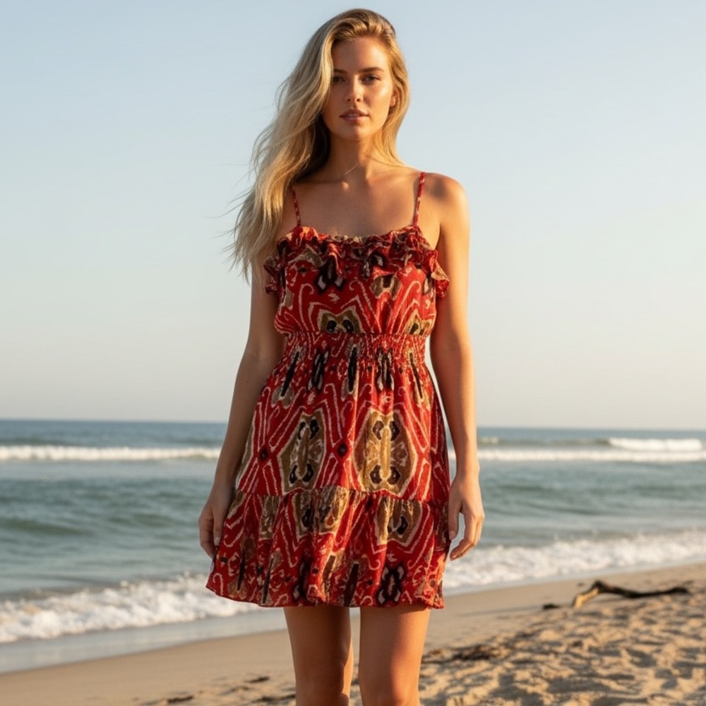 Red/Orange Patterned Mini Dress with Spaghetti Straps